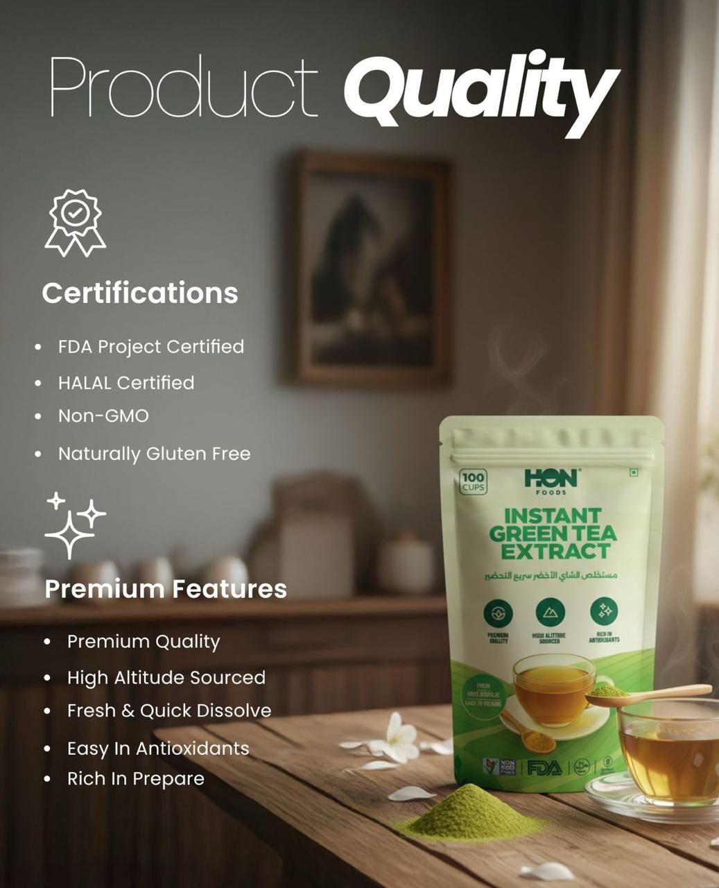 HON FOODS, Instant Green Tea, 100% Green Tea Leaves, No Additives, Sugar Free Tea Powder, Fast & Easy Hot & Cold Water, Up to 100 Cups (8 Oz)