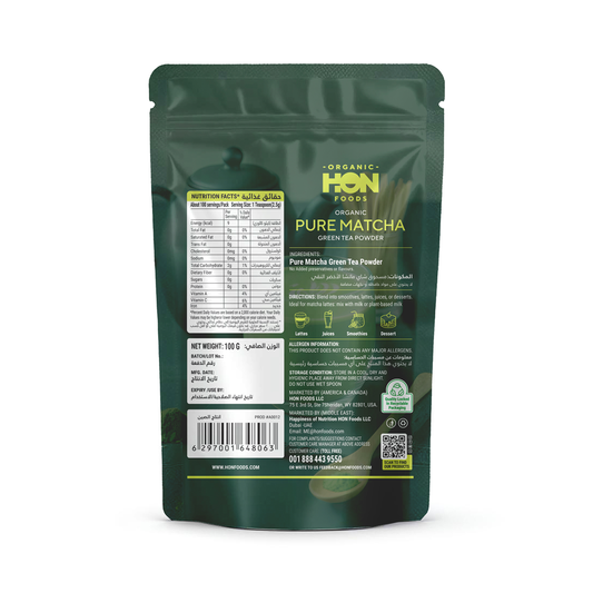 HON FOODS Matcha Green Tea Powder - 100 gm Pack | Natural Flavor Premium Ceremonial Grade For Weight Management, Antioxidants, Energy Boost | Non-GMO