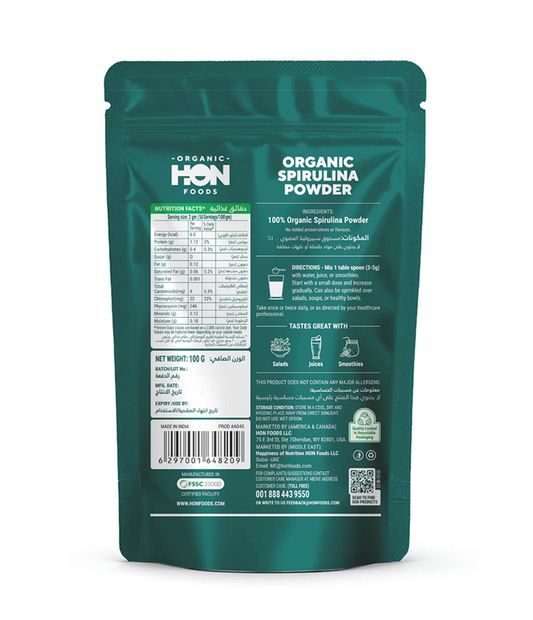 HON FOODS Organic Spirulina Powder, USDA Certified, Protein-Rich Superfood for Energy and Immunity, 100gm