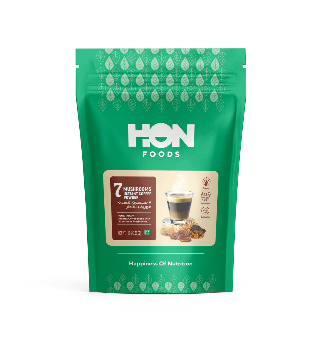 HON FOODS 7 Mushrooms Instant Coffee Powder | Made With Chaga Mushroom Extract | Caffeine Free | Pack of 100 gm