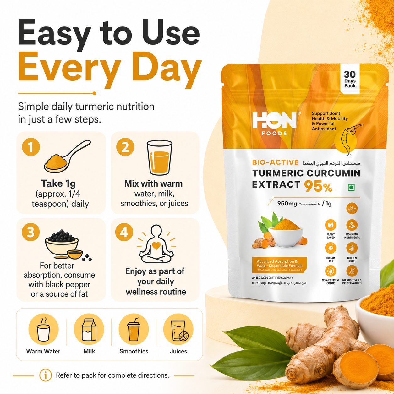 Bio-Active Turmeric Curcumin Extract 95% Powder 30g | 950mg Curcuminoids per 1g Serving | Advanced Absorption Formula | Water Dispersible | Plant-Based | Sugar Free | Gluten Free | No Additives & Preservatives
