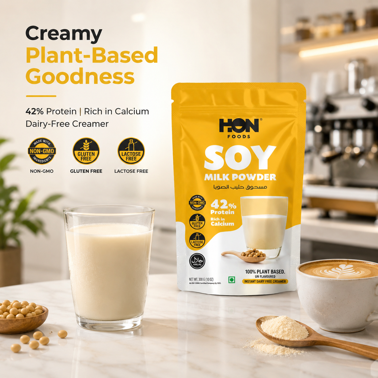 HON FOODS Soy Milk Powder [Plant-Based / Milk Alternative, Non-GMO & 42% Protein] Pack of 300 gm