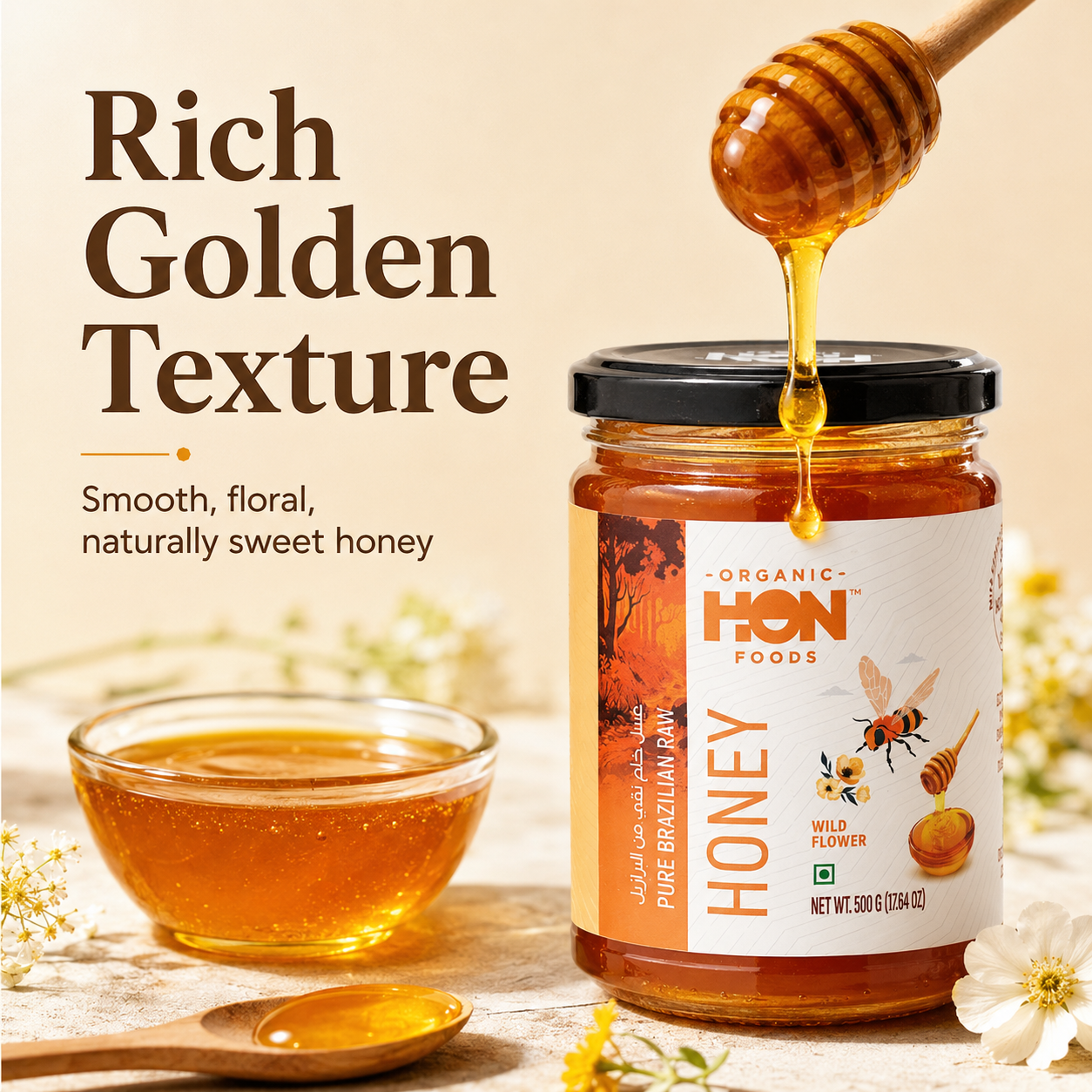 HON FOODS, Organic Pure Brazilian Raw Honey (Wild Flower), 500gm