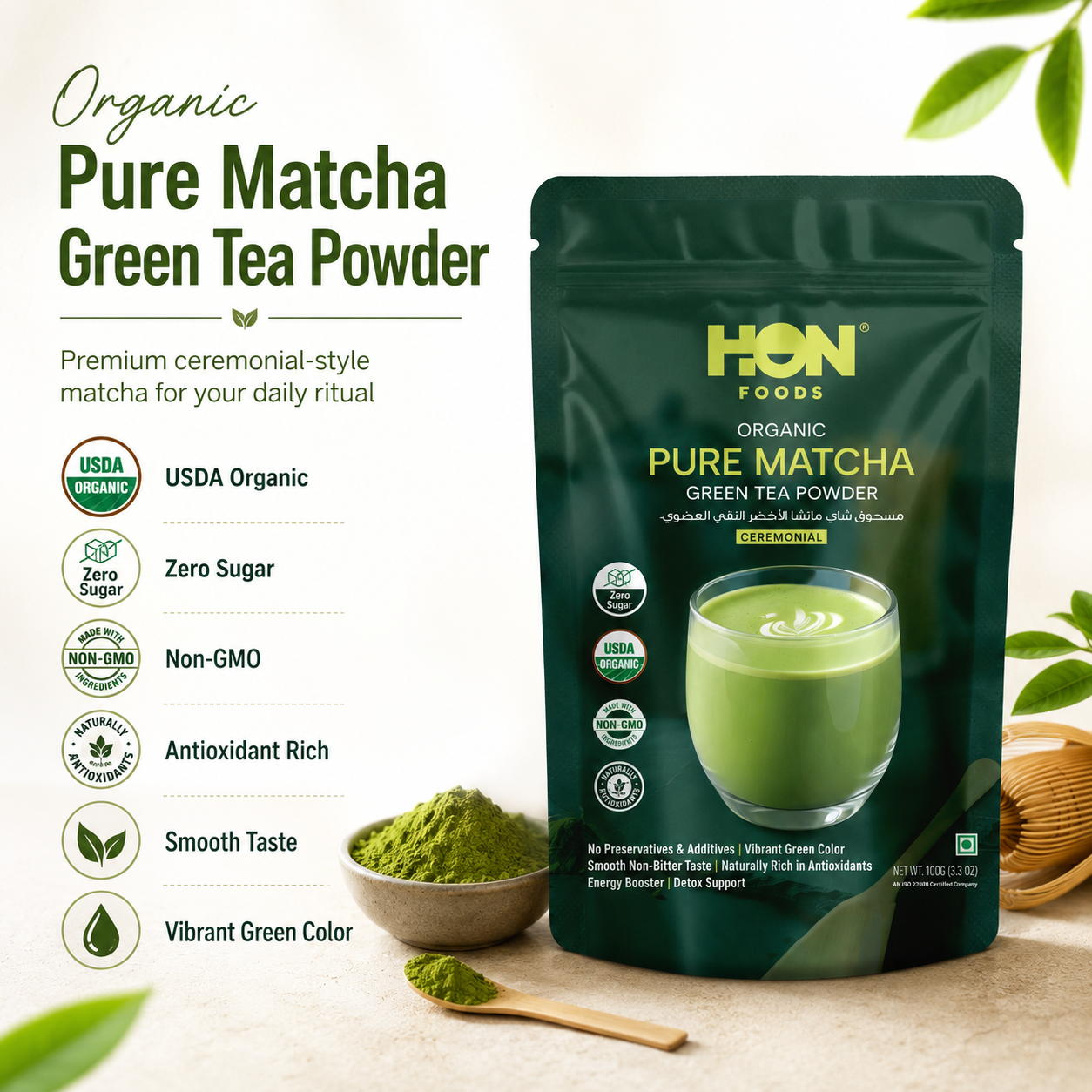 Organic Matcha Green Tea Powder - 100 gm Pack | Natural Flavor Premium Ceremonial Grade For Weight Management, Antioxidants, Energy Boost | Non-GMO