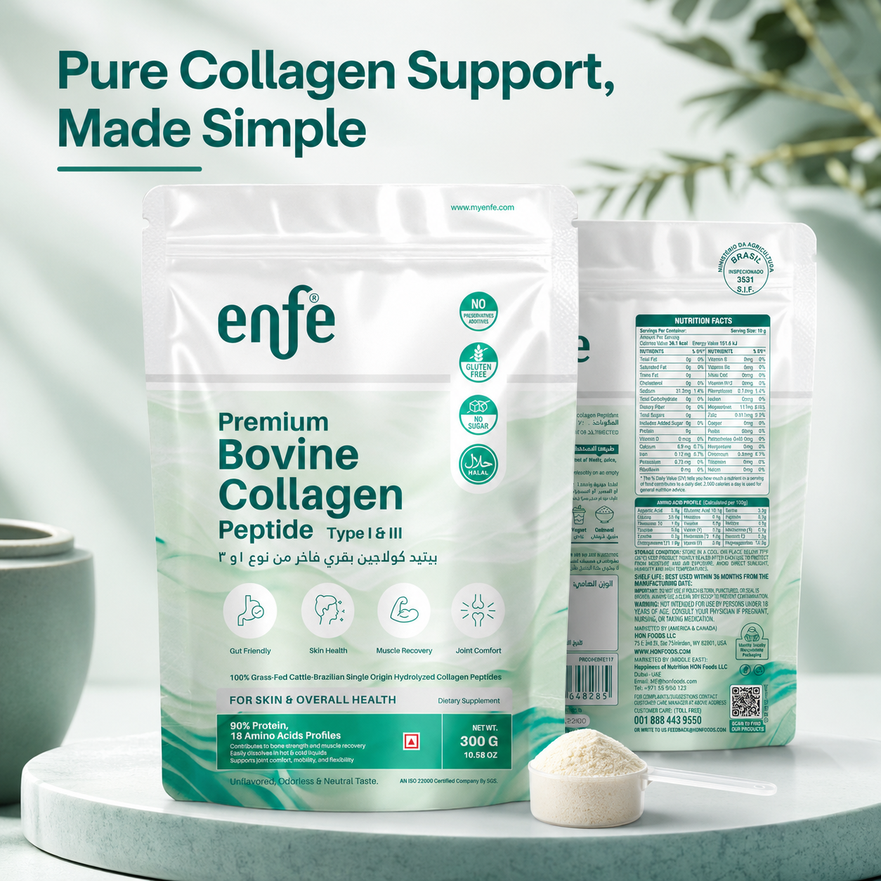 Brazilian Bovine collagen Peptides,300g (Unflavored), 90% Protein & 18 Amino acids For overall health, 100% Grass-Fed & Halal