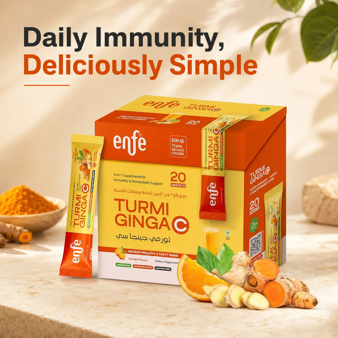 مشروب العافية الفوري ENFE TurmigingaC® | الكركم BCM-95® والزنجبيل وفيتامين C | دعم المناعة ومضادات الأكسدة | نكهة البرتقال | نباتي | حلال | بدون سكر مضاف | 20 كيس