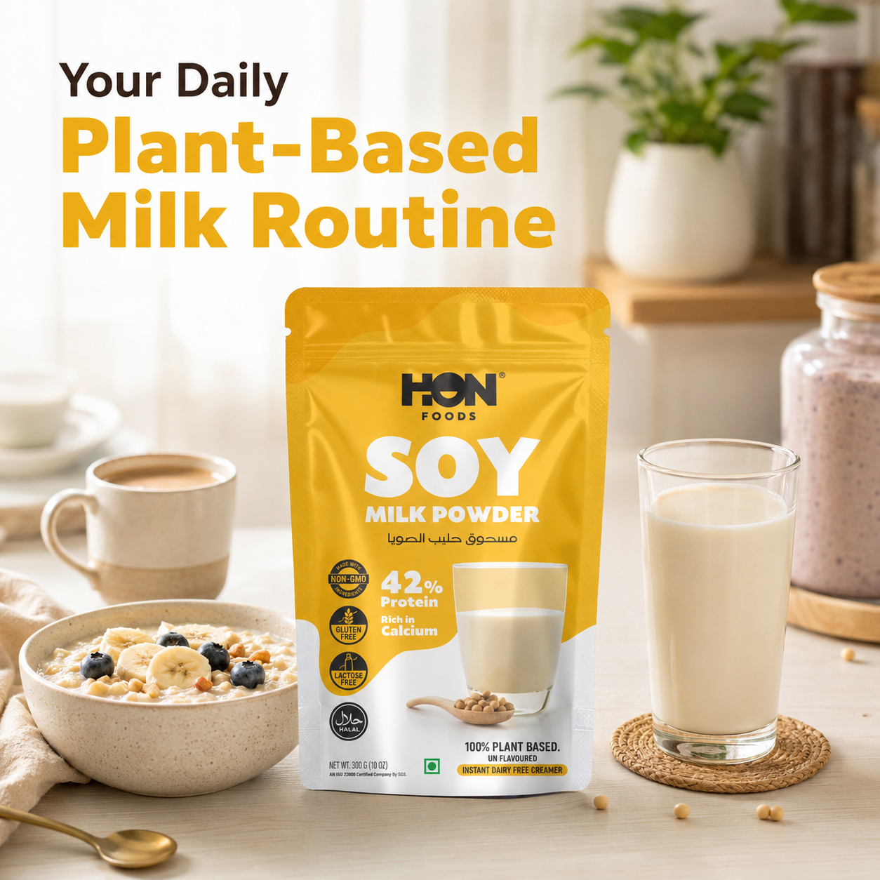 HON FOODS Soy Milk Powder [Plant-Based / Milk Alternative, Non-GMO & 42% Protein] Pack of 300 gm
