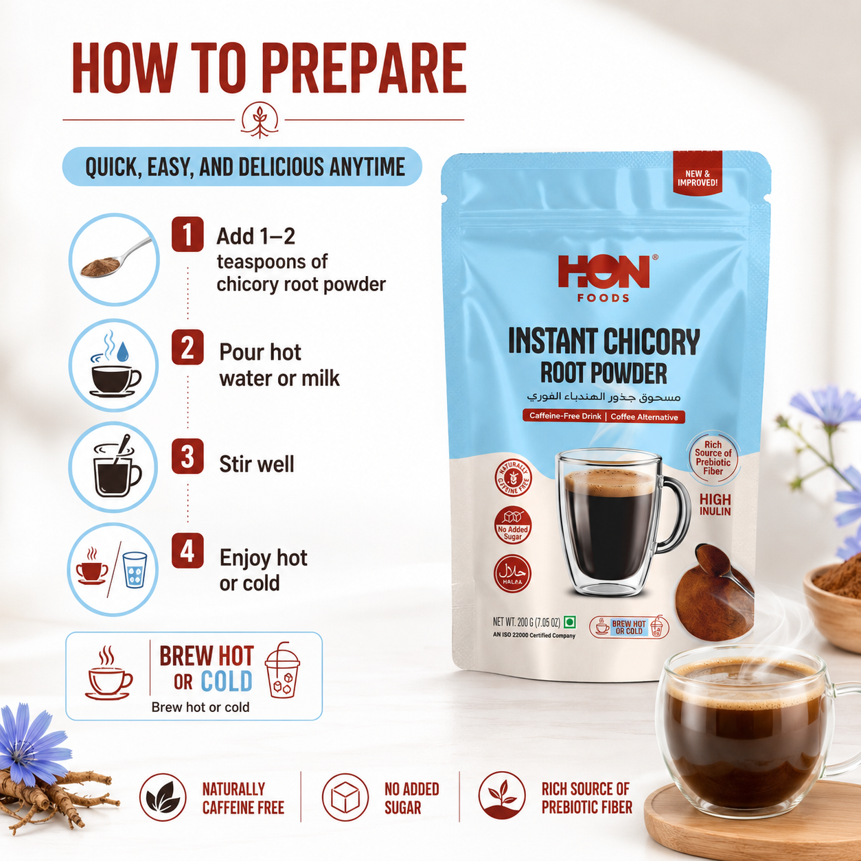 HON FOODS Chicory Root Powder 200 Gram (7 OZ) | Roasted & Granulated | Gluten Free | Rich Source of Inulin Fiber