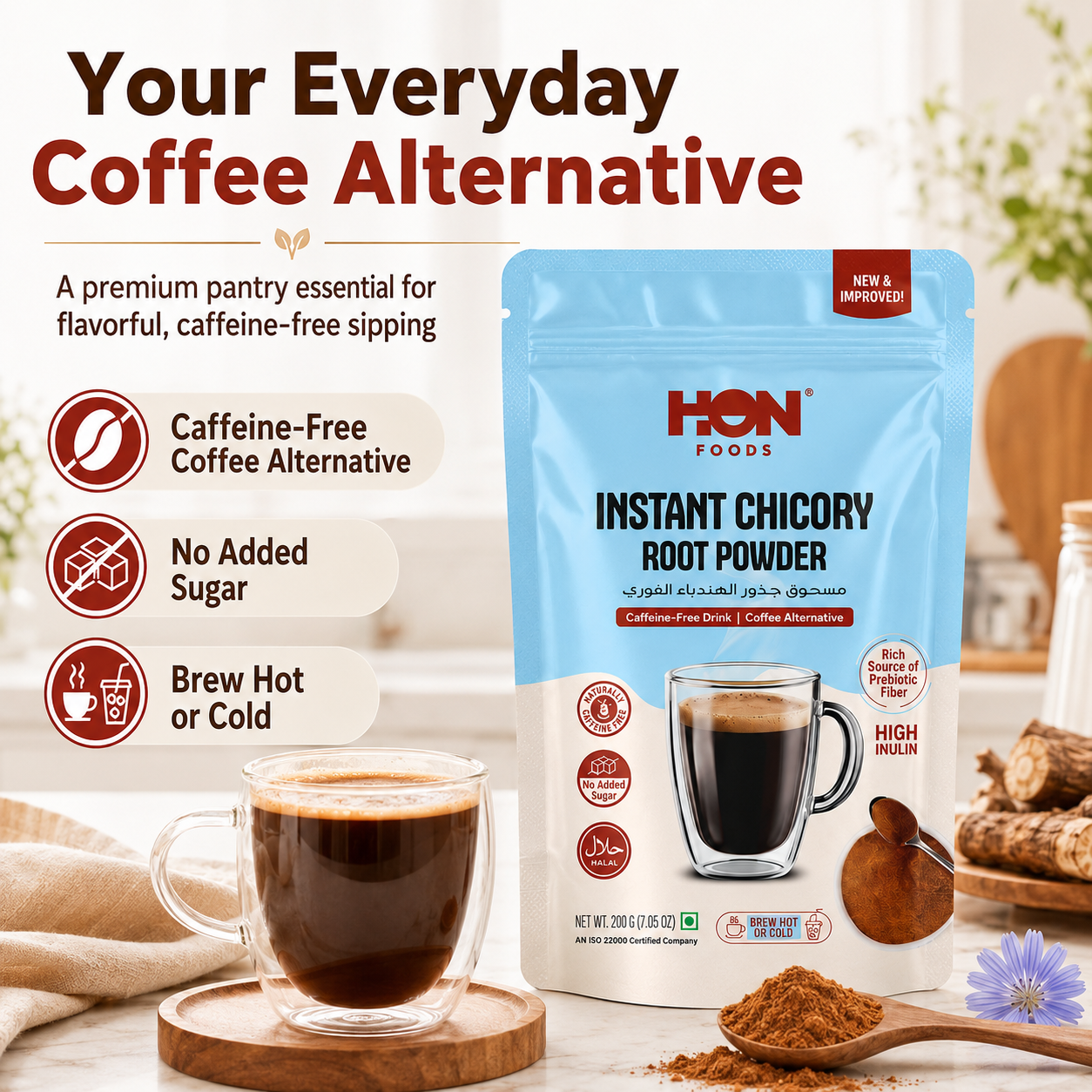 HON FOODS Chicory Root Powder 200 Gram (7 OZ) | Roasted & Granulated | Gluten Free | Rich Source of Inulin Fiber