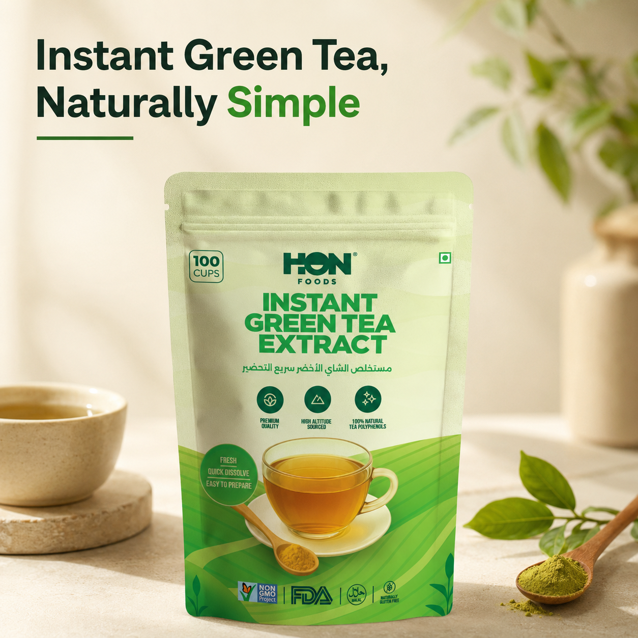 Instant Green Tea, 100% Green Tea Leaves, No Additives, Sugar Free Tea Powder, Fast & Easy Hot & Cold Water, Up to 100 Cups (8 Oz)