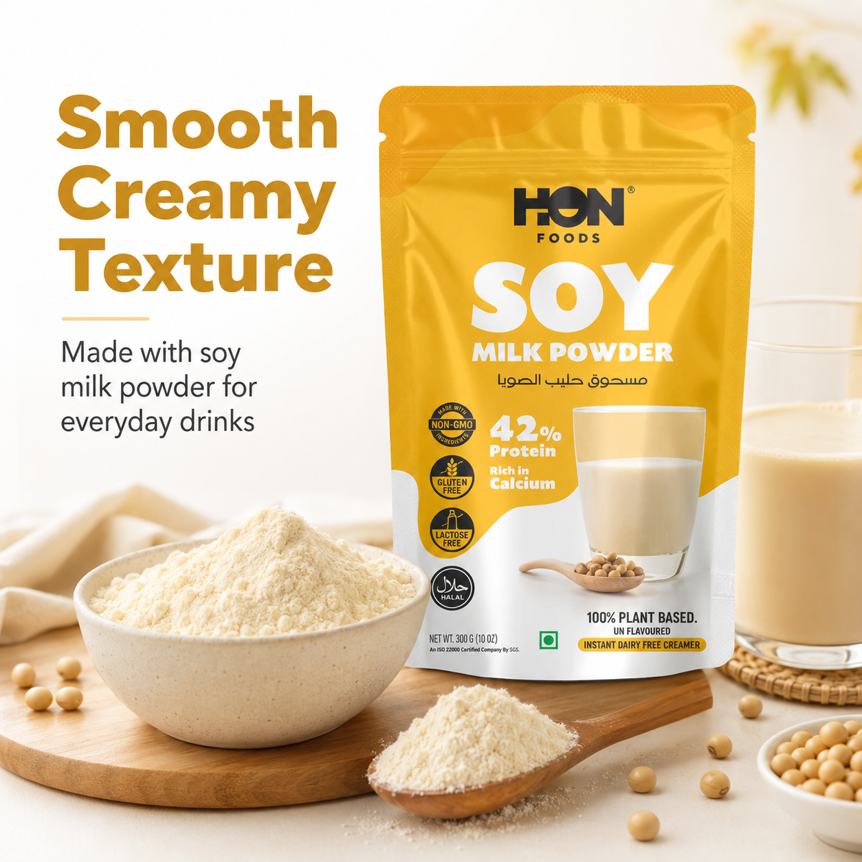 HON FOODS Soy Milk Powder [Plant-Based / Milk Alternative, Non-GMO & 42% Protein] Pack of 300 gm
