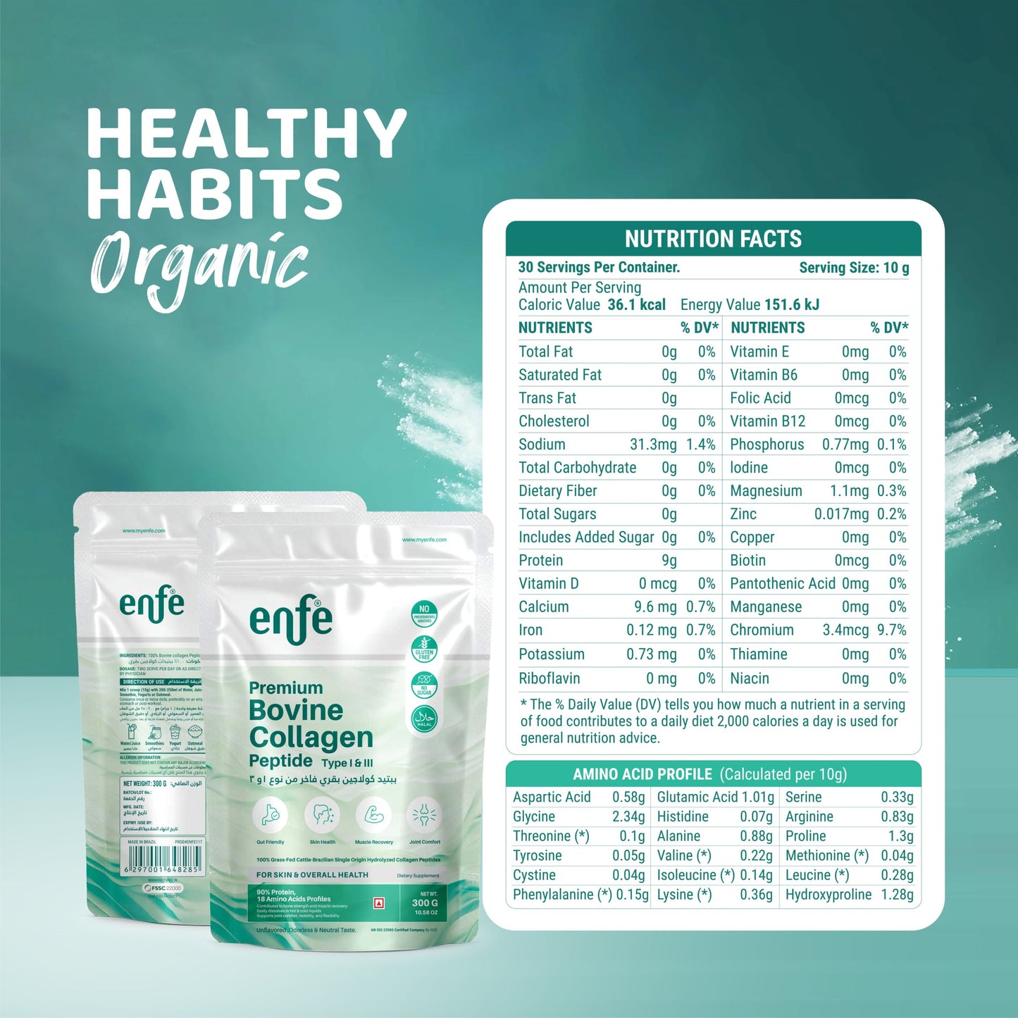 enfe Brazilian Bovine collagen Peptides,300g (Unflavored), 90% Protein & 18 Amino acids For overall health, 100% Grass-Fed & Halal