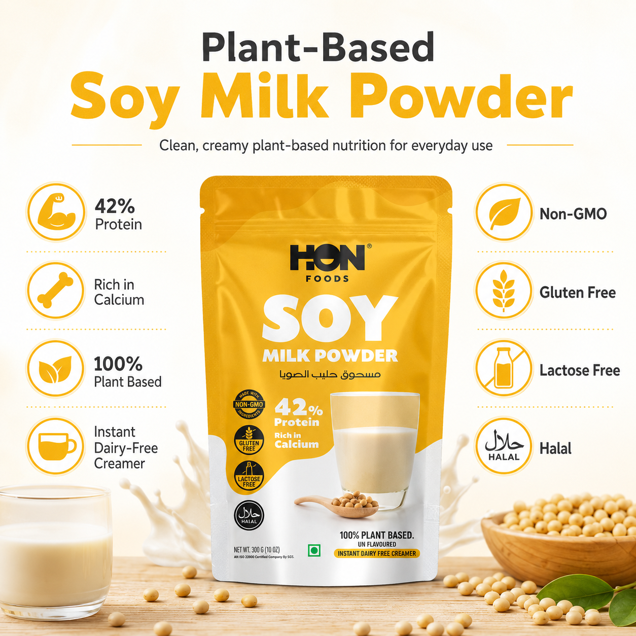 HON FOODS Soy Milk Powder [Plant-Based / Milk Alternative, Non-GMO & 42% Protein] Pack of 300 gm