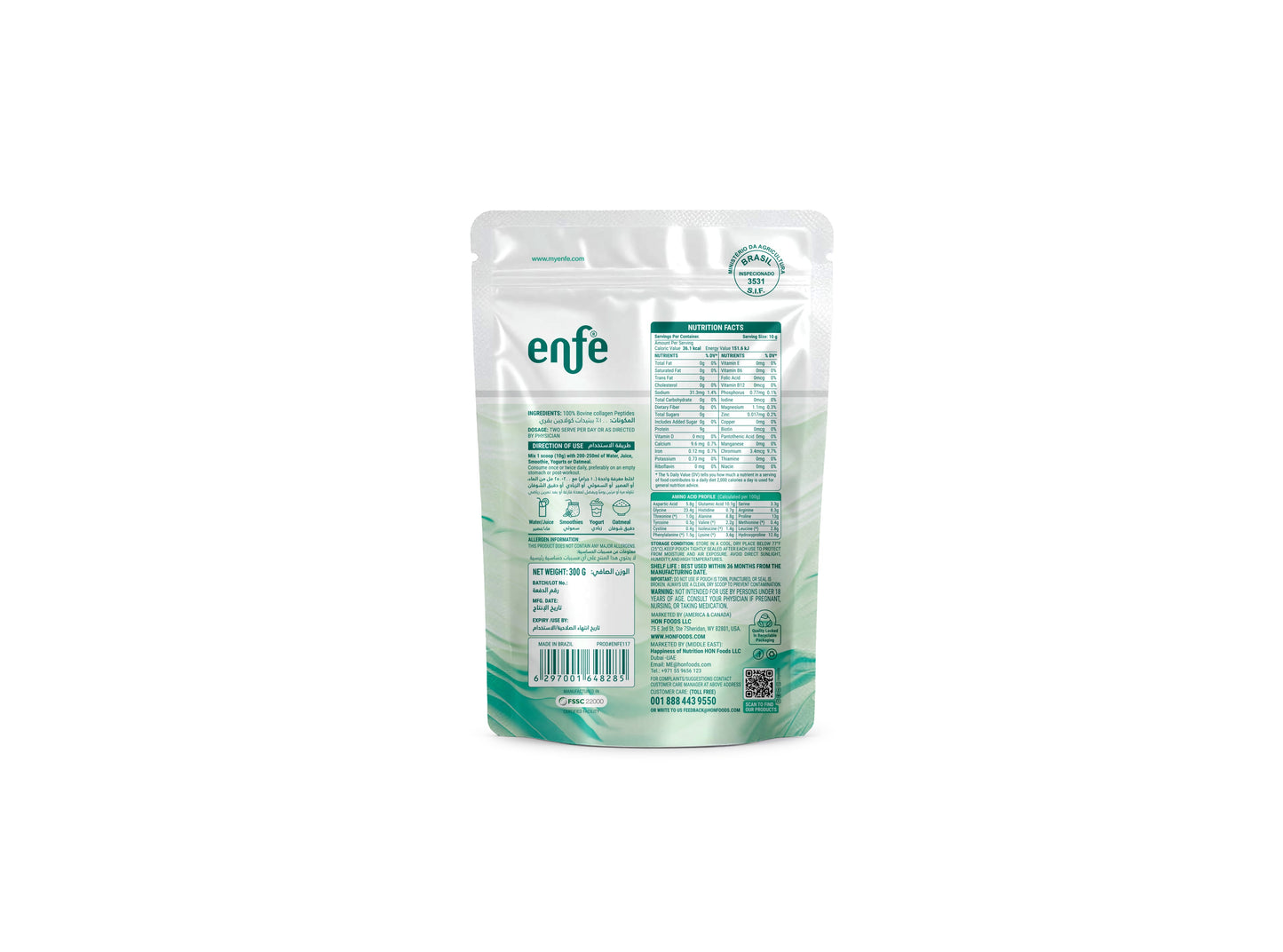 enfe Brazilian Bovine collagen Peptides,300g (Unflavored), 90% Protein & 18 Amino acids For overall health, 100% Grass-Fed & Halal