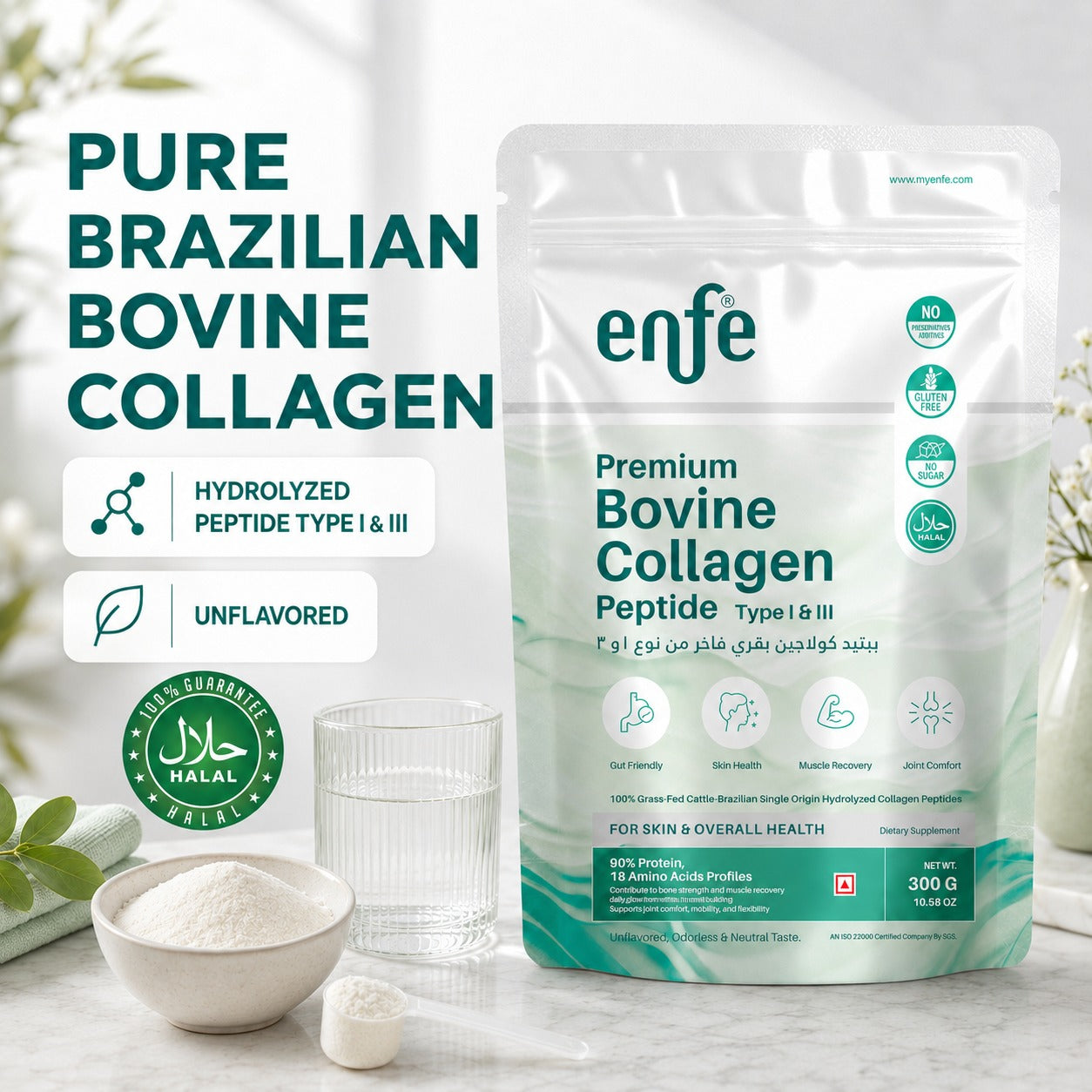 ENFE Premium Brazilian Bovine Hydrolyzed Collagen Peptides Type I & III | 90% Protein | Unflavored | Halal Certified | Single-Origin Brazilian Bovine Collagen | 300g (30 Servings)
