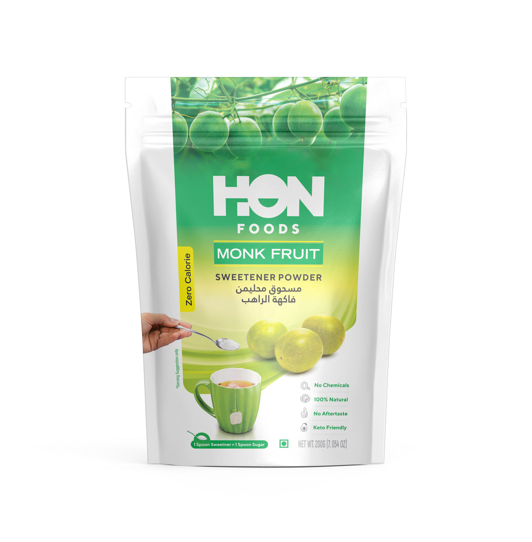 HON FOODS Monk Fruit Sweetener Powder with Erythritol | Monk Fruit Sugar Extract For Cooking & Baking | Natural Sugar Replacer – 200 grams