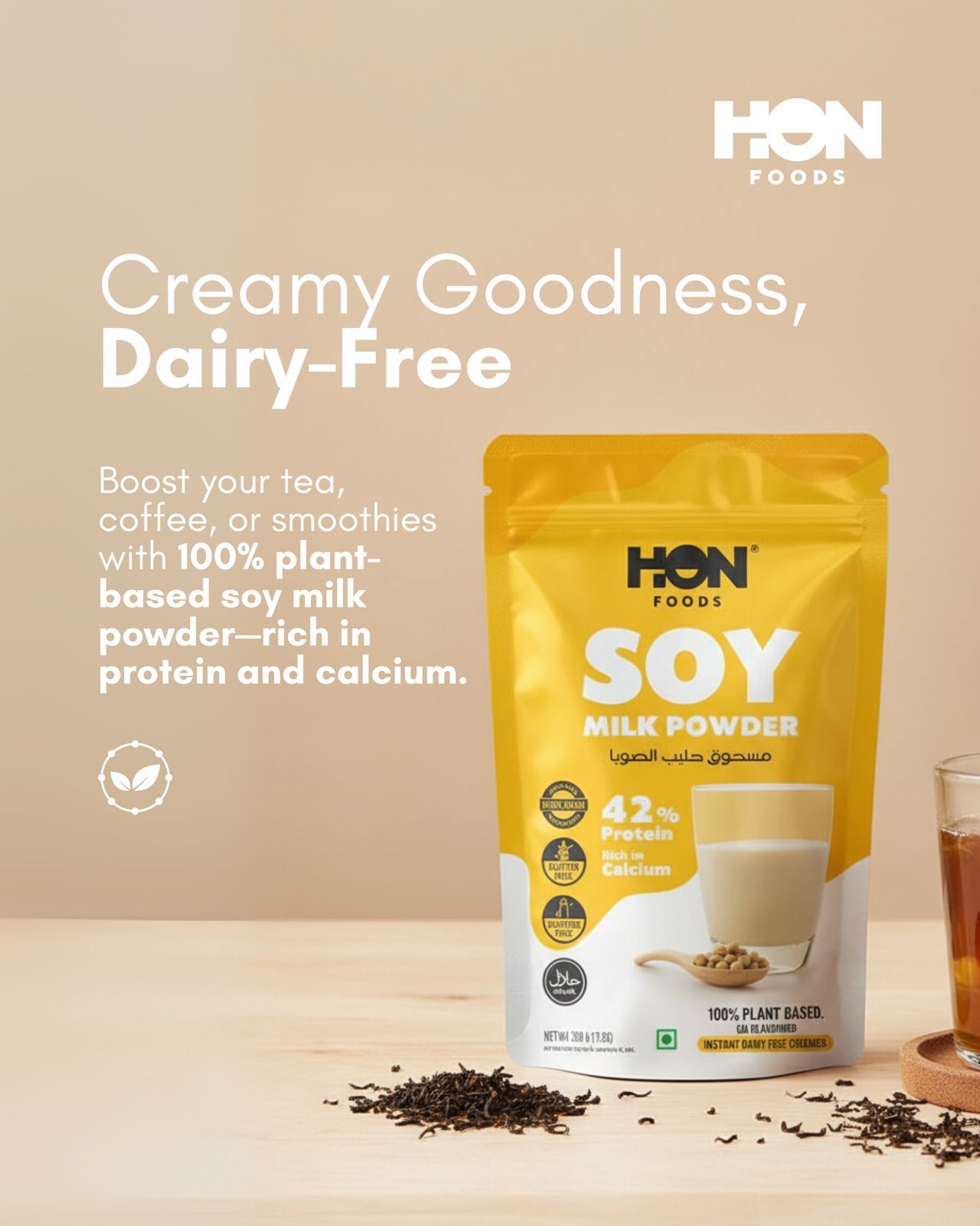 HON FOODS Soy Milk Powder [Plant-Based / Milk Alternative, Non-GMO & 42% Protein] Pack of 300 gm