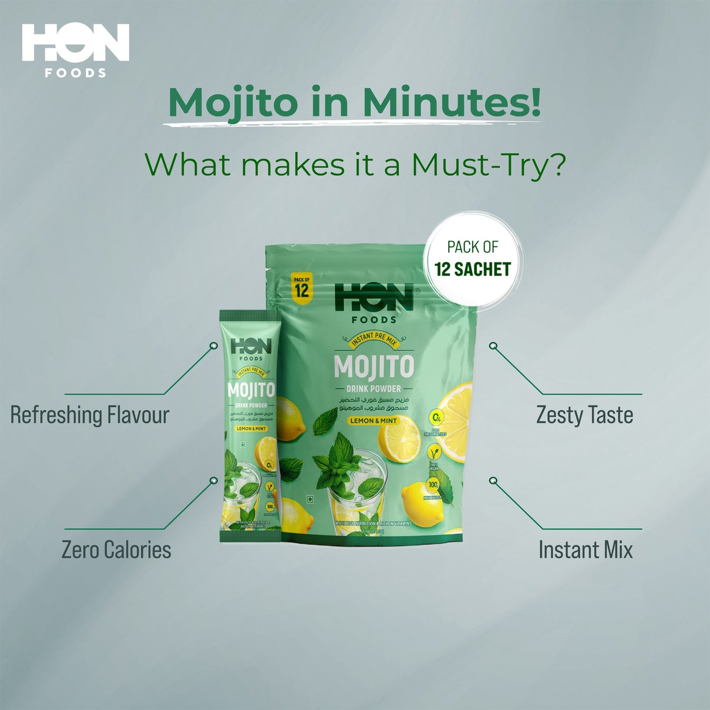 Instant Pre Mix Mojito Naturally Flavored Drink Powder - Lemon & Mint (Pack of 12 Sachet)