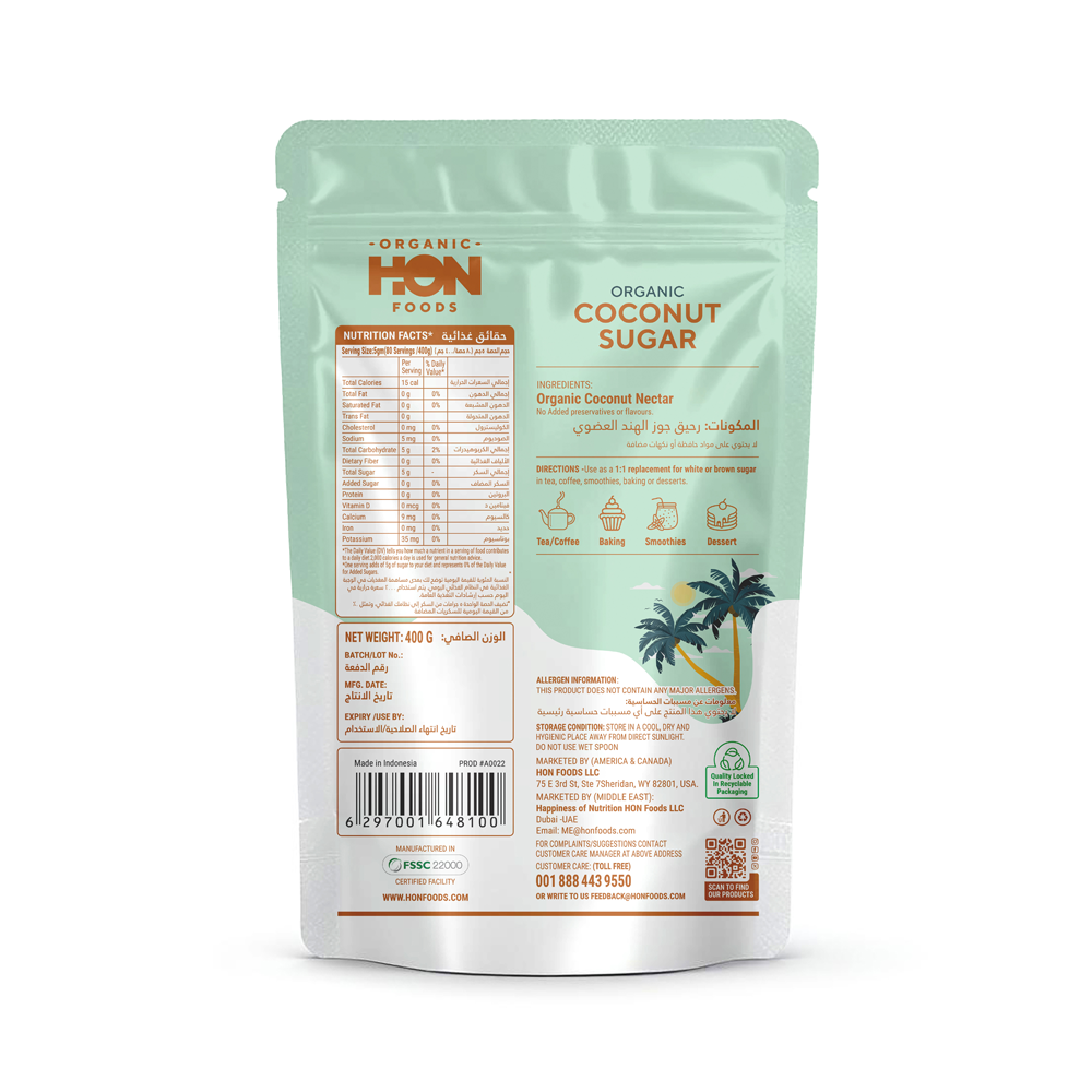 HON FOODS Organic Coconut Sugar, Non Gmo Chemicals Free And All Natural - 400 gm Pack