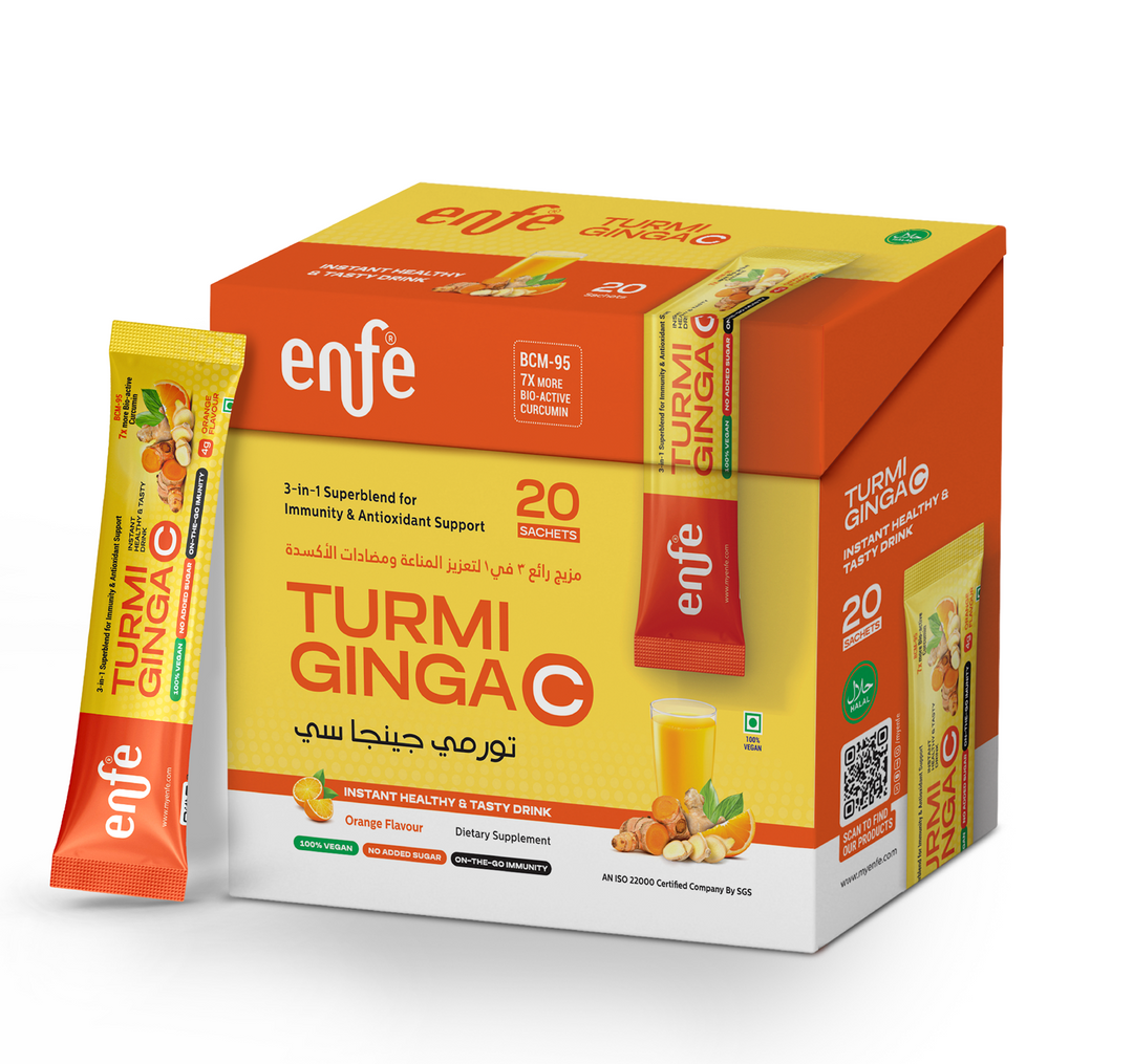 مشروب العافية الفوري ENFE TurmigingaC® | الكركم BCM-95® والزنجبيل وفيتامين C | دعم المناعة ومضادات الأكسدة | نكهة البرتقال | نباتي | حلال | بدون سكر مضاف | 20 كيس