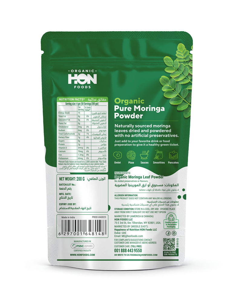 HON FOODS Moringa Powder Organic - Moringa Oleifera - USDA Certified Organic Moringa Powder for Immunity, Digestion & Energy - Pack of 200 gm
