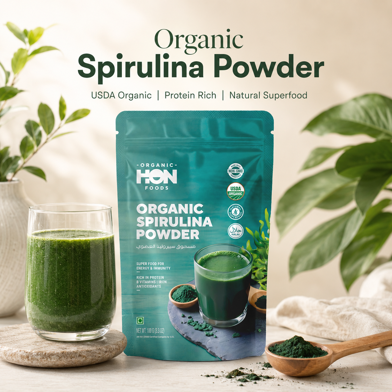 HON FOODS Organic Spirulina Powder, USDA Certified, Protein-Rich Superfood for Energy and Immunity, 100gm