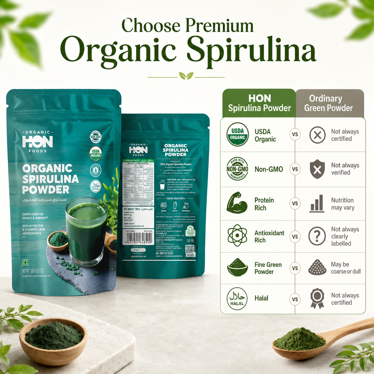 HON FOODS Organic Spirulina Powder, USDA Certified, Protein-Rich Superfood for Energy and Immunity, 100gm