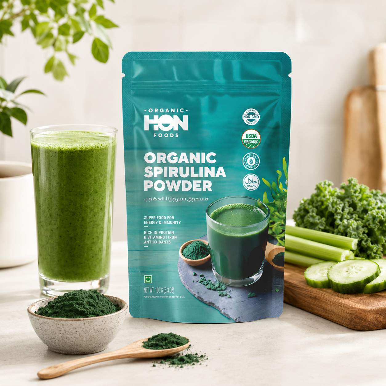 HON FOODS Organic Spirulina Powder, USDA Certified, Protein-Rich Superfood for Energy and Immunity, 100gm