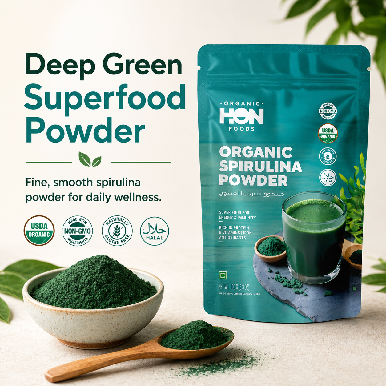 HON FOODS Organic Spirulina Powder, USDA Certified, Protein-Rich Superfood for Energy and Immunity, 100gm