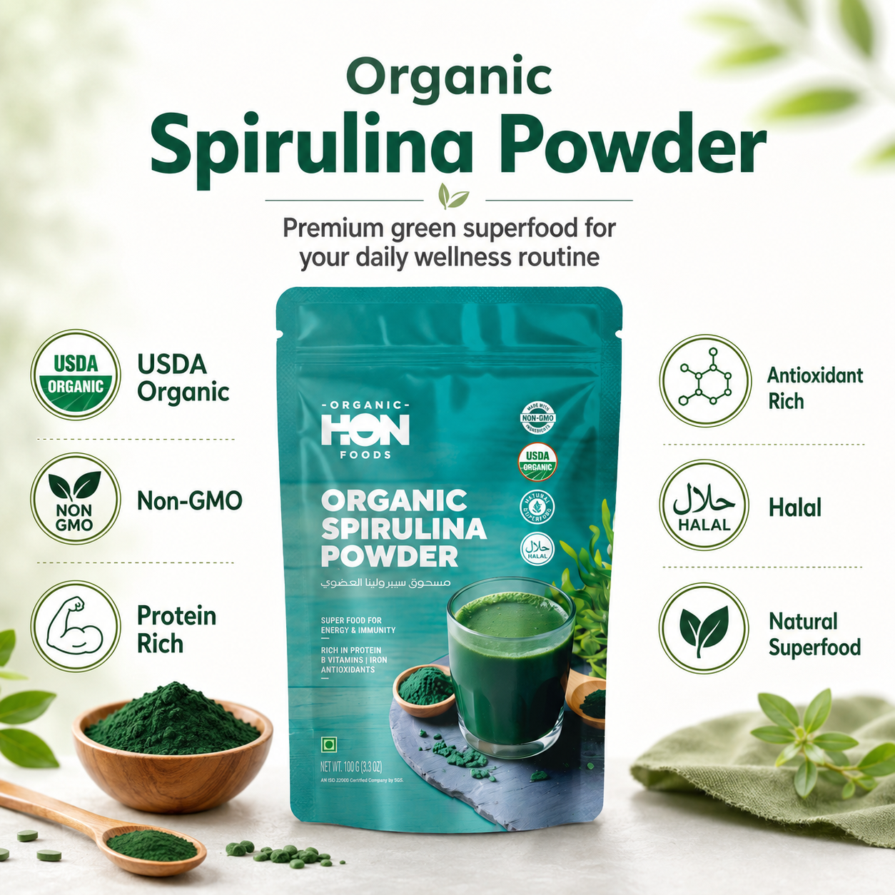 HON FOODS Organic Spirulina Powder, USDA Certified, Protein-Rich Superfood for Energy and Immunity, 100gm