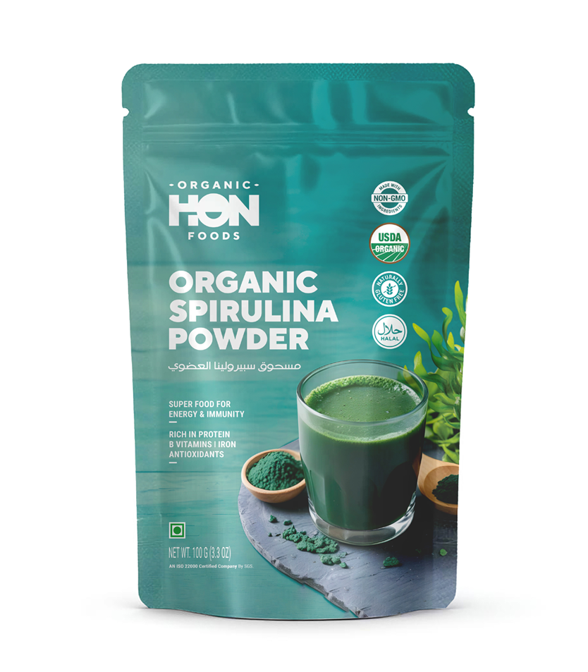 HON FOODS Organic Spirulina Powder, USDA Certified, Protein-Rich Superfood for Energy and Immunity, 100gm