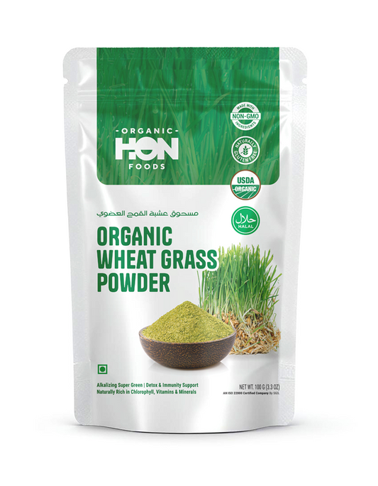 HON FOODS Organic Wheat Grass Powder, USDA Certified, Halal, Rich in Vitamins and Minerals, 100gm